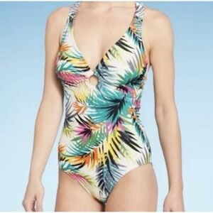 Women's Plunge Ring Detail One Piece Swimsuit - Shade & Shore Multi Tropical M